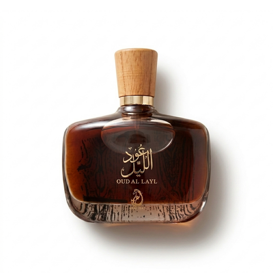 Bottle of Arabiyat Oud Al Layl EDP fragrance on a white background with soft shadow