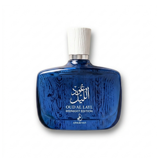 Bottle of Arabiyat Oud Al Layl Midnight Edition EDP fragrance on a white background with soft shadow