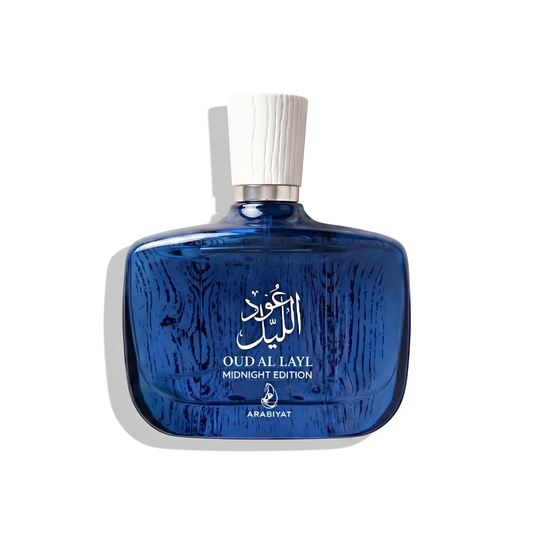 Bottle of Arabiyat Oud Al Layl Midnight Edition EDP fragrance on a white background with soft shadow