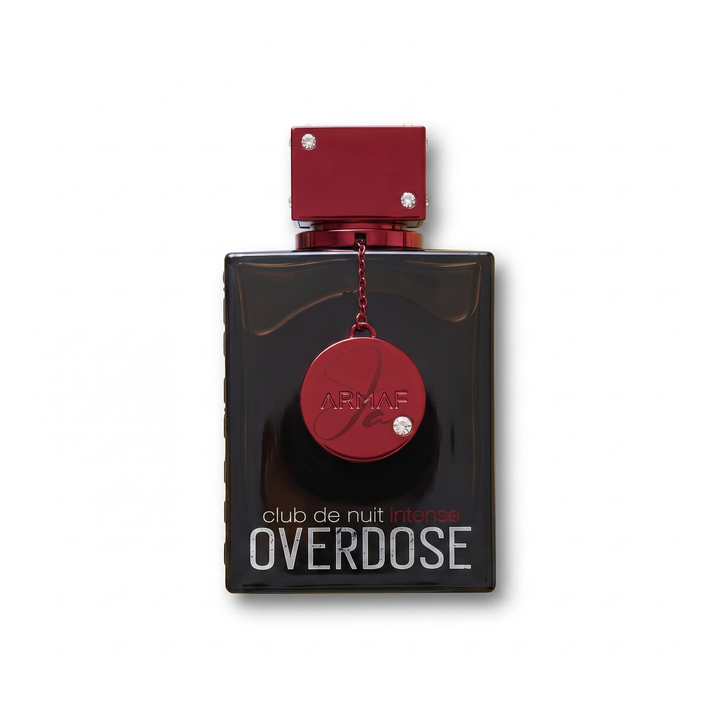 Bottle of Armaf Club De Nuit Intense Overdose EDP fragrance on a white background with soft shadow