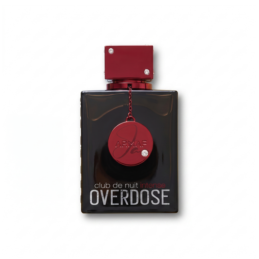 Bottle of Armaf Club De Nuit Intense Overdose EDP fragrance on a white background with soft shadow