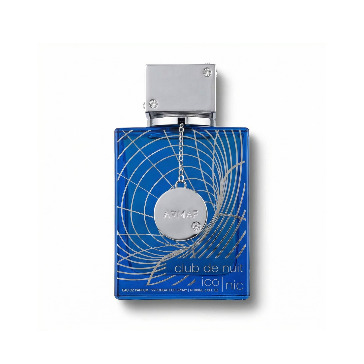 Bottle of Armaf Club de Nuit Blue Iconic EDP fragrance on a white background with soft shadow