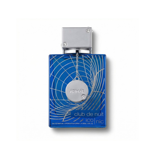 Bottle of Armaf Club de Nuit Blue Iconic EDP fragrance on a white background with soft shadow