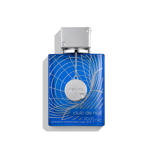 Bottle of Armaf Club de Nuit Blue Iconic EDP fragrance on a white background with soft shadow