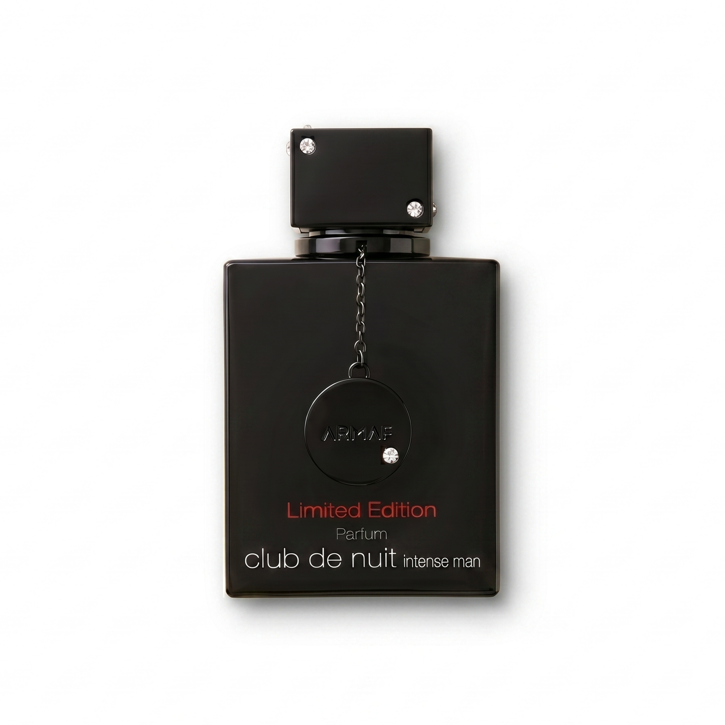 Bottle of Armaf Club de Nuit Intense Man Limited Edition Parfum fragrance on a white background with soft shadow