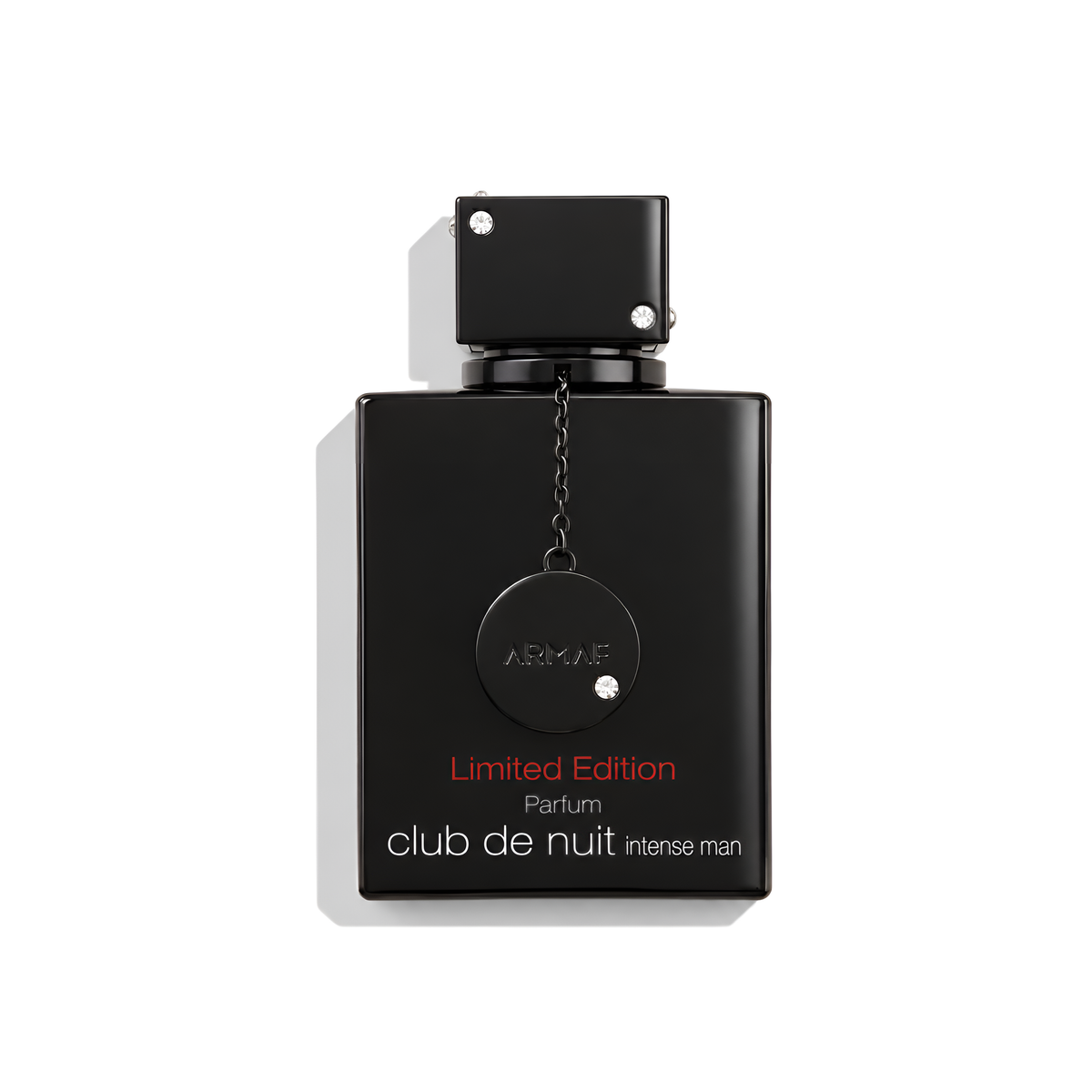 Bottle of Armaf Club de Nuit Intense Man Limited Edition Parfum fragrance on a white background with soft shadow