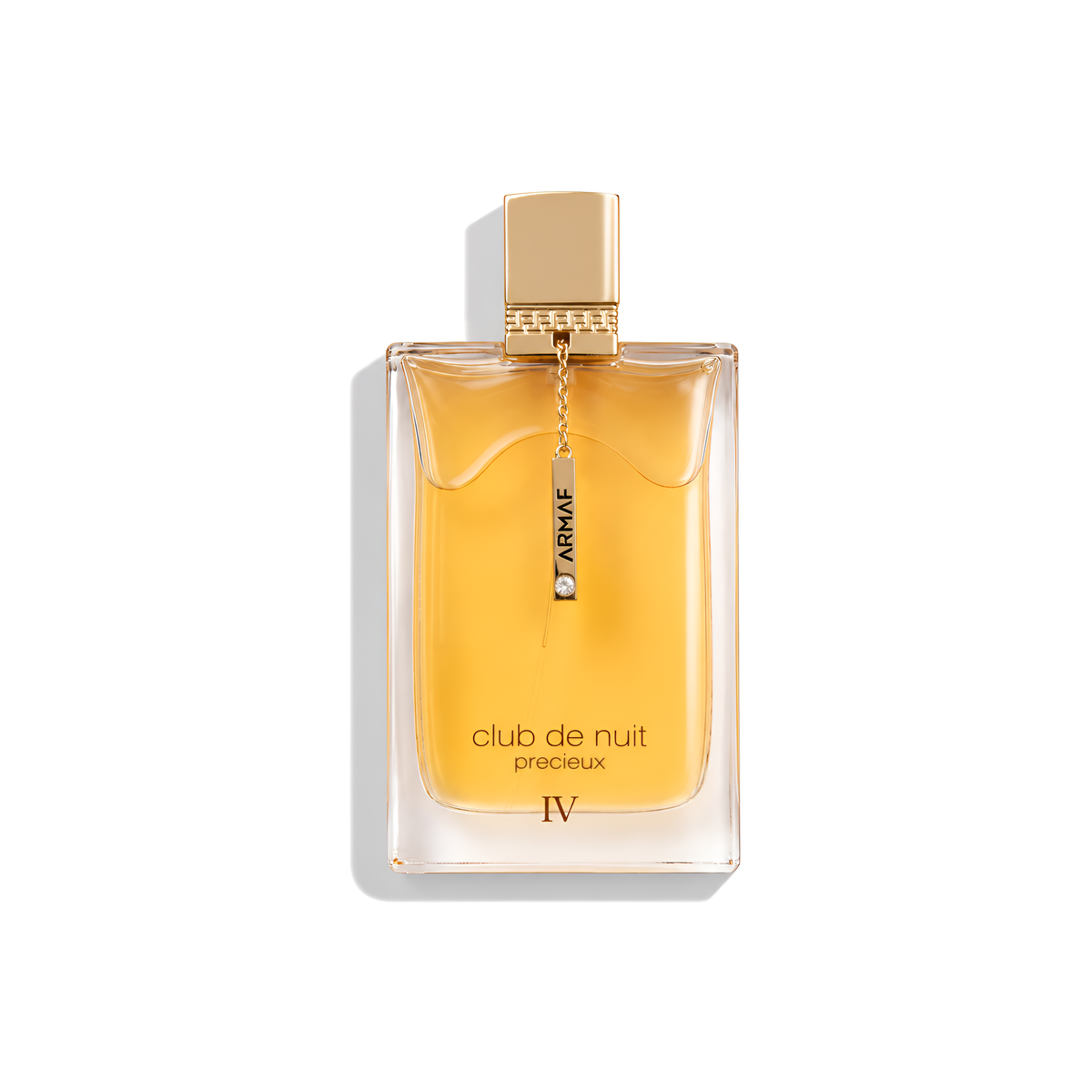 Bottle of Armaf Club de Nuit Precieux IV Extrait fragrance on a white background with soft shadow