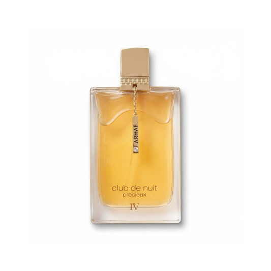 Bottle of Armaf Club de Nuit Precieux IV Parfum fragrance on a white background with soft shadow