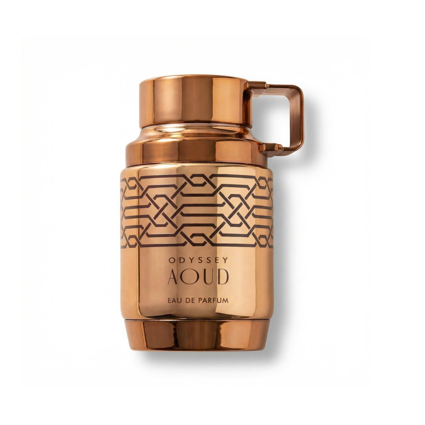Bottle of Armaf Odyssey Aoud EDP fragrance on a white background with soft shadow