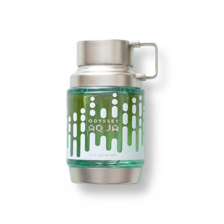 Bottle of Armaf Odyssey Aqua EDP fragrance on a white background with soft shadow