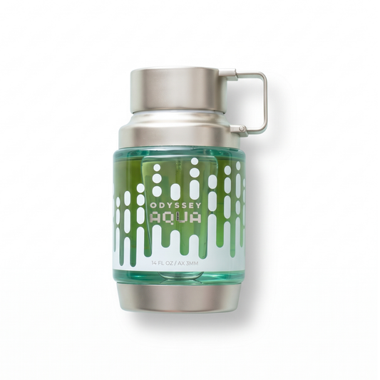 Bottle of Armaf Odyssey Aqua EDP fragrance on a white background with soft shadow