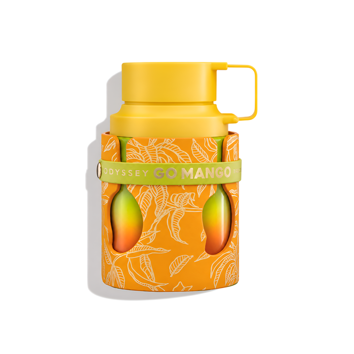 Bottle of Armaf Odyssey Go Mango EDP fragrance on a white background with soft shadow