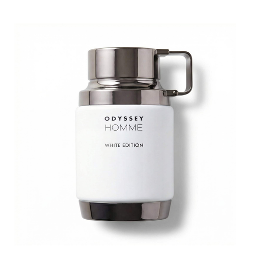 Bottle of Armaf Odyssey White Edition EDP fragrance on a white background with soft shadow
