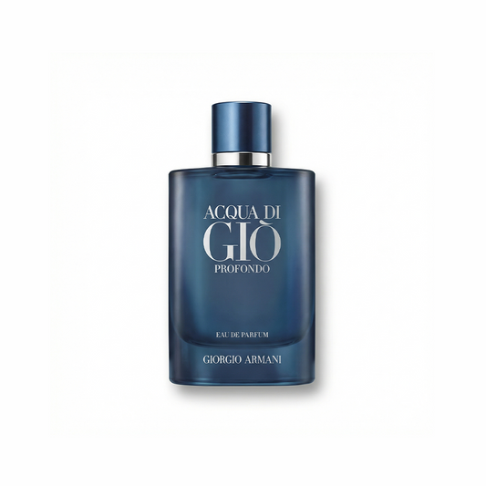 Bottle of Armani Acqua Di Gio Profondo EDP fragrance on a white background with soft shadow
