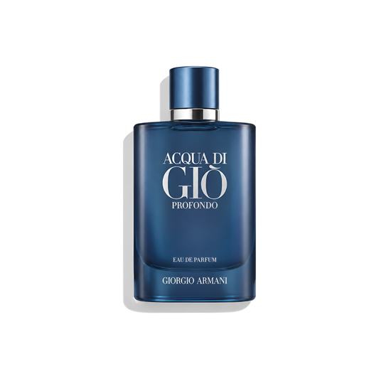 Bottle of Armani Acqua Di Gio Profondo EDP fragrance on a white background with soft shadow
