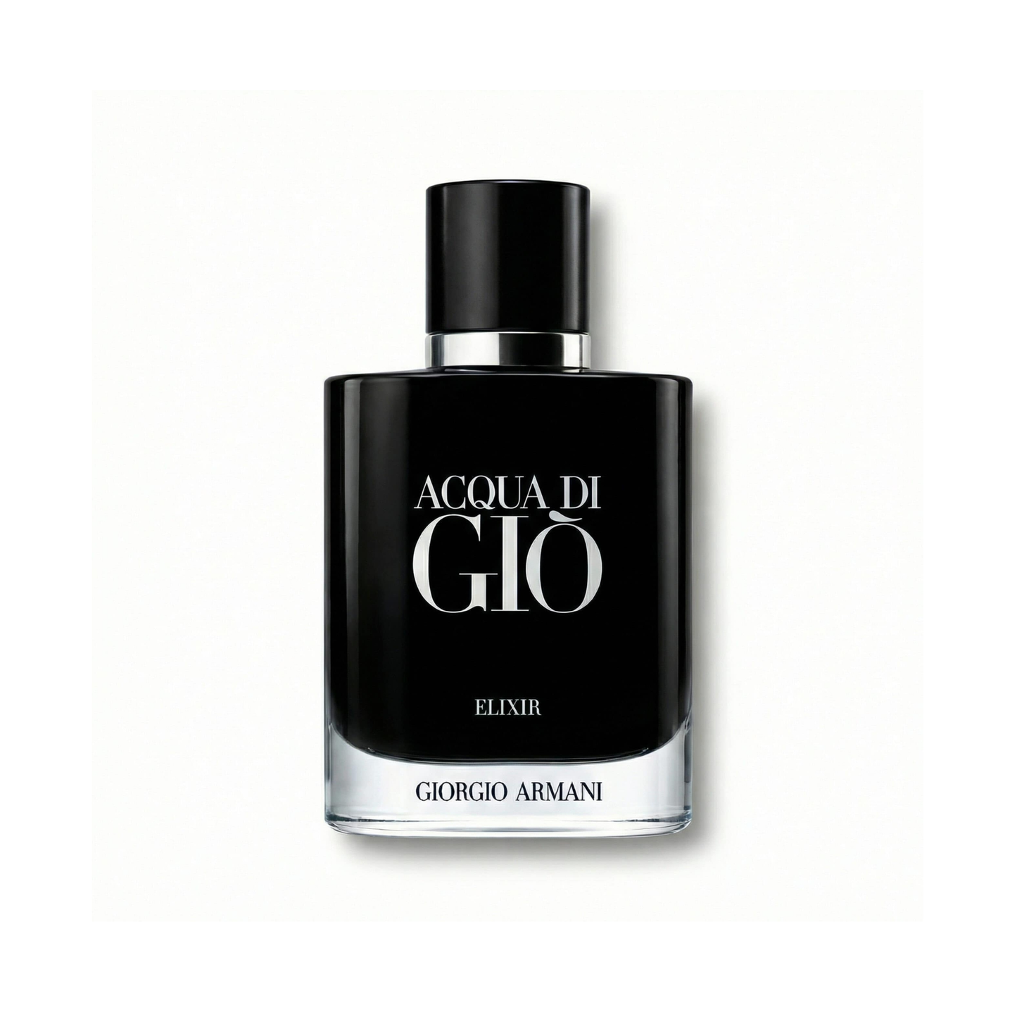 Bottle of Armani Acqua di Gio Elixir fragrance on a white background with soft shadow