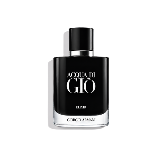 Bottle of Armani Acqua di Gio Elixir fragrance on a white background with soft shadow