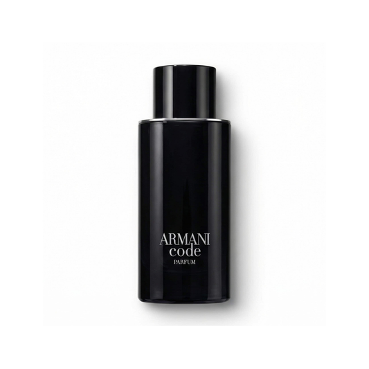 Bottle of Armani Code Parfum fragrance on a white background with soft shadow