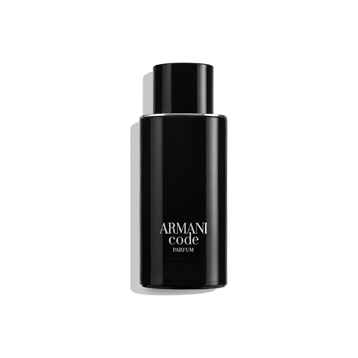 Bottle of Armani Code Parfum fragrance on a white background with soft shadow