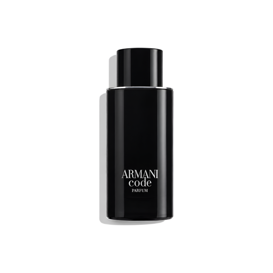 Bottle of Armani Code Parfum fragrance on a white background with soft shadow