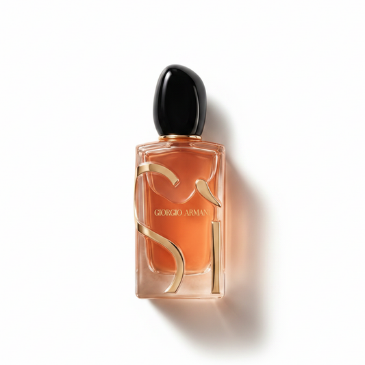 Bottle of Armani Si Parfum fragrance on a white background with soft shadow