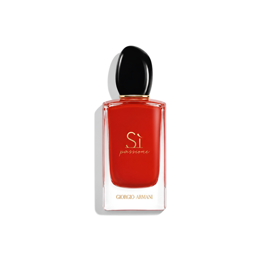 Bottle of Armani Si Passion EDP fragrance on a white background with soft shadow