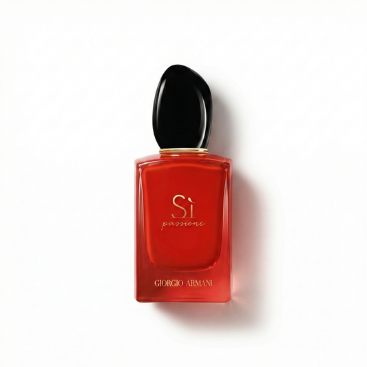 Bottle of Armani Si Passione Intense EDP fragrance on a white background with soft shadow