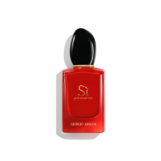 Bottle of Armani Si Passione Intense EDP fragrance on a white background with soft shadow