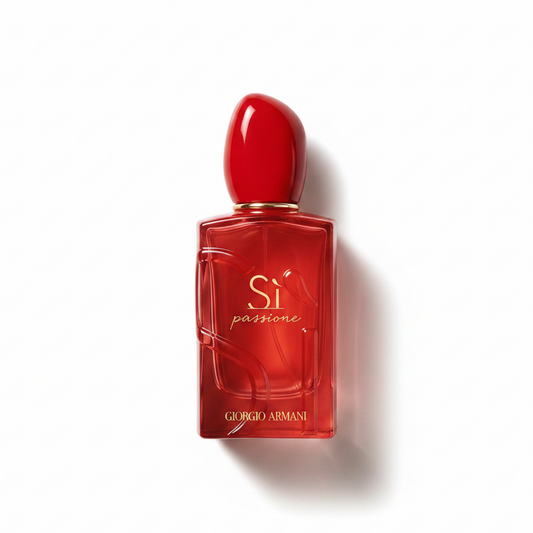 Bottle of Armani Si Passione Red Musk EDP fragrance on a white background with soft shadow