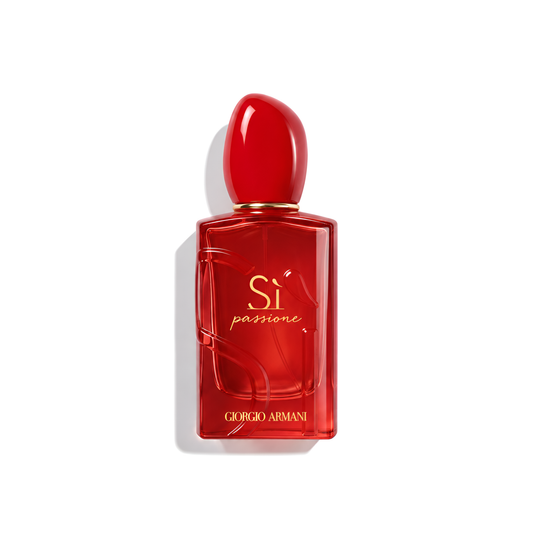 Bottle of Armani Si Passione Red Musk EDP fragrance on a white background with soft shadow