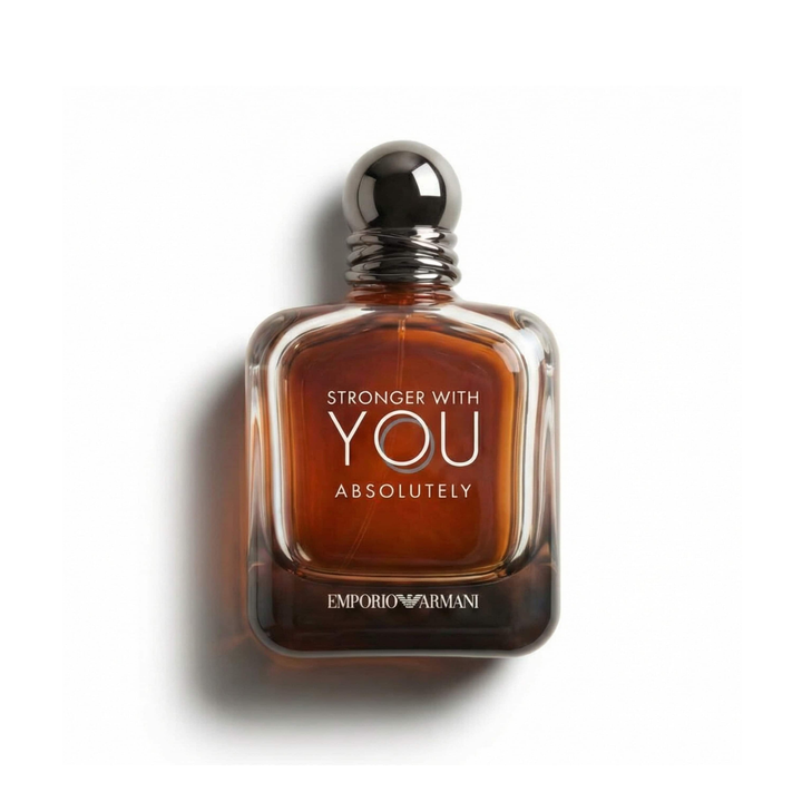Bottle of Armani Stronger With You Absolutely EDP fragrance on a white background with soft shadow