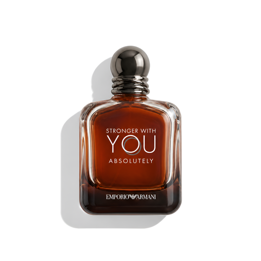 Bottle of Armani Stronger With You Absolutely EDP fragrance on a white background with soft shadow