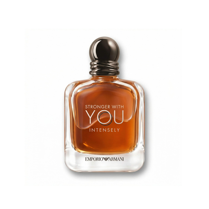 Bottle of Armani Stronger With You Intensely EDP fragrance on a white background with soft shadow