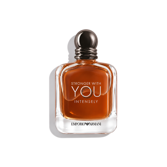 Bottle of Armani Stronger With You Intensely EDP fragrance on a white background with soft shadow