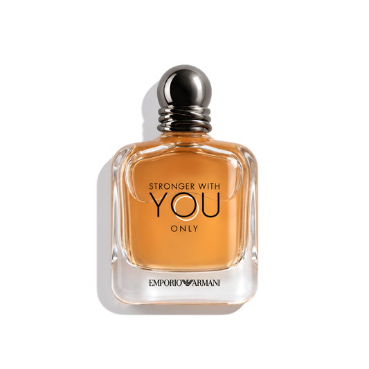 Bottle of Armani Stronger With You Only EDT fragrance on a white background with soft shadow