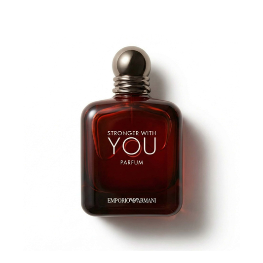 Bottle of Armani Stronger With You Parfum fragrance on a white background with soft shadow