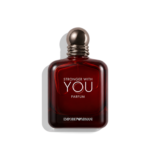 Bottle of Armani Stronger With You Parfum fragrance on a white background with soft shadow