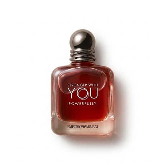Bottle of Armani Stronger With You Powerfully EDP fragrance on a white background with soft shadow