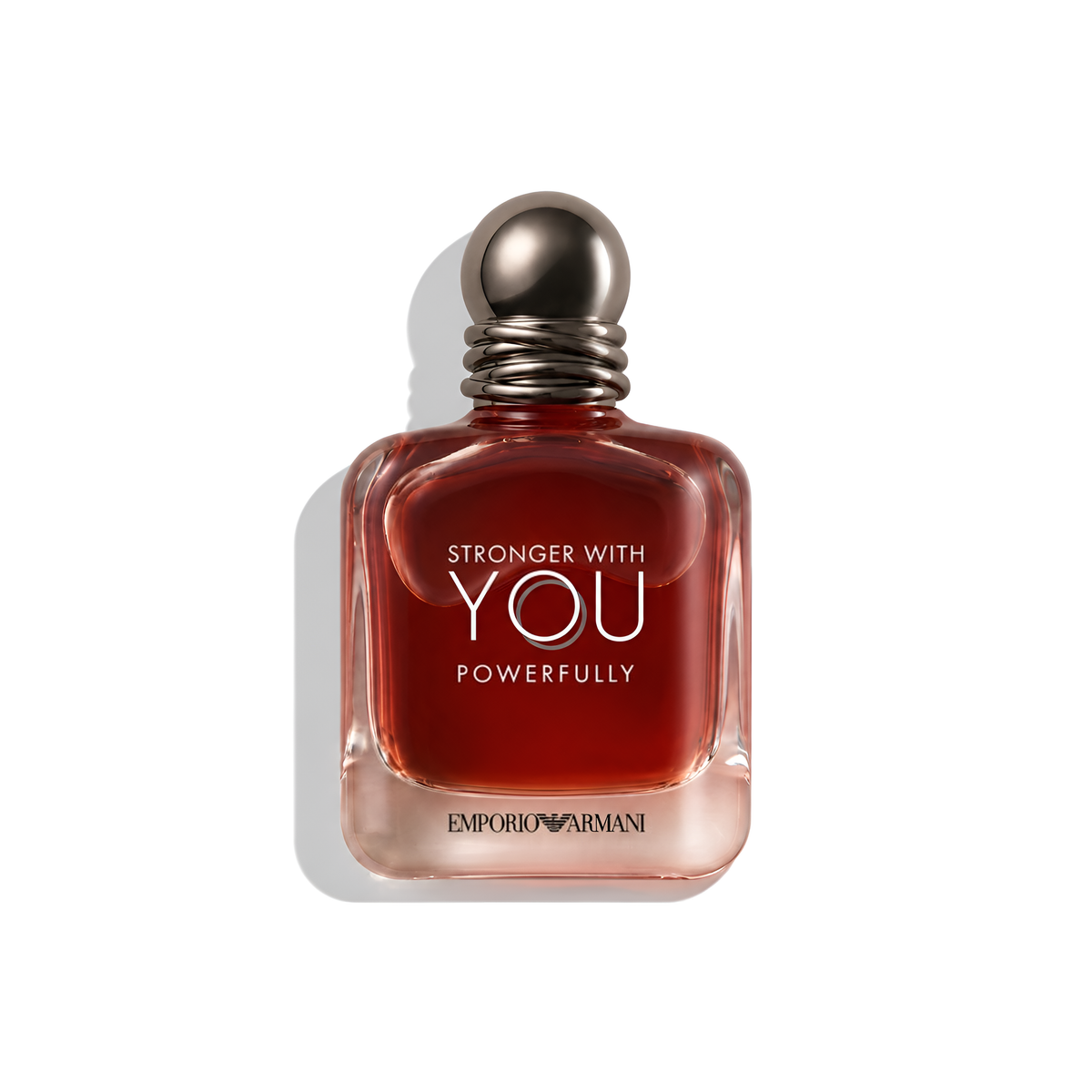 Bottle of Armani Stronger With You Powerfully EDP fragrance on a white background with soft shadow