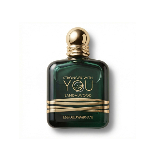 Bottle of Armani Stronger With You Sandalwood EDP fragrance on a white background with soft shadow