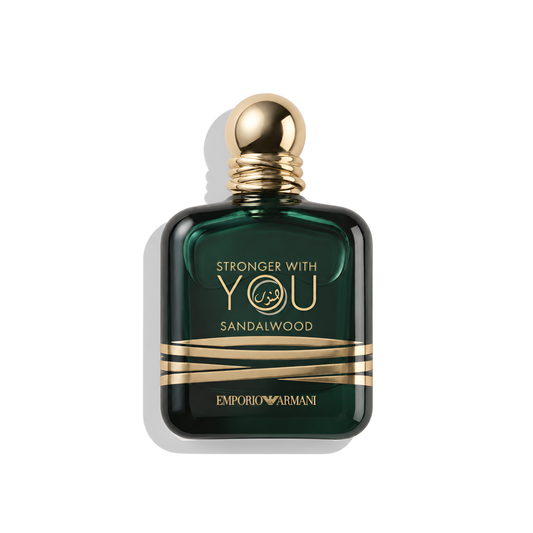 Bottle of Armani Stronger With You Sandalwood EDP fragrance on a white background with soft shadow
