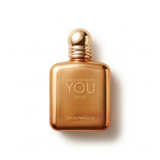 Bottle of Armani Stronger With You Spices EDP fragrance on a white background with soft shadow