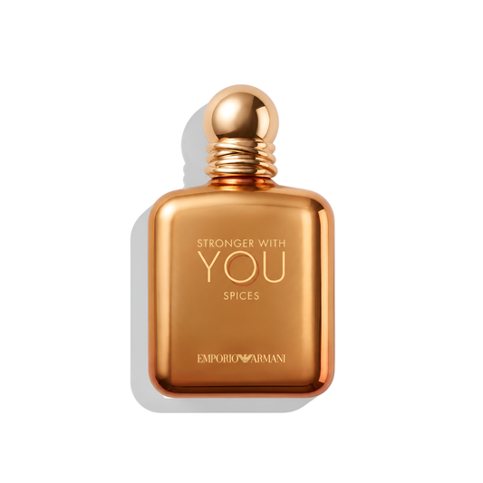 Bottle of Armani Stronger With You Spices EDP fragrance on a white background with soft shadow