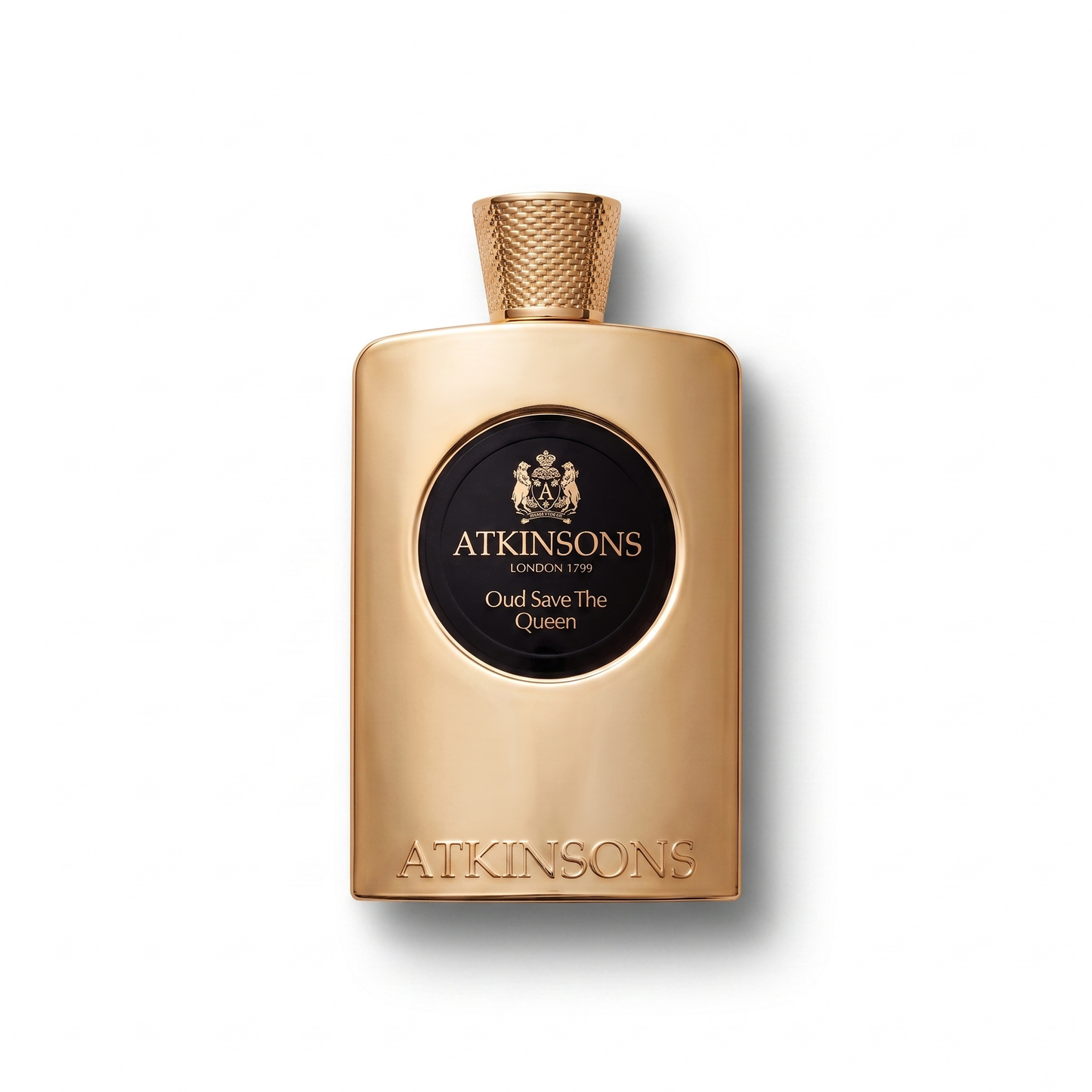 Bottle of Atkinsons Oud Save The King EDP fragrance on a white background with soft shadow
