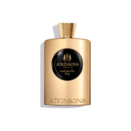 Bottle of Atkinsons Oud Save The King EDP fragrance on a white background with soft shadow