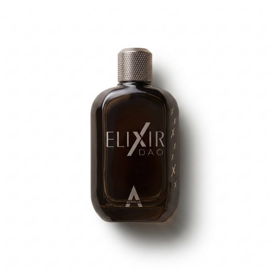 Bottle of Atralia Elixir Dao fragrance on a white background with soft shadow