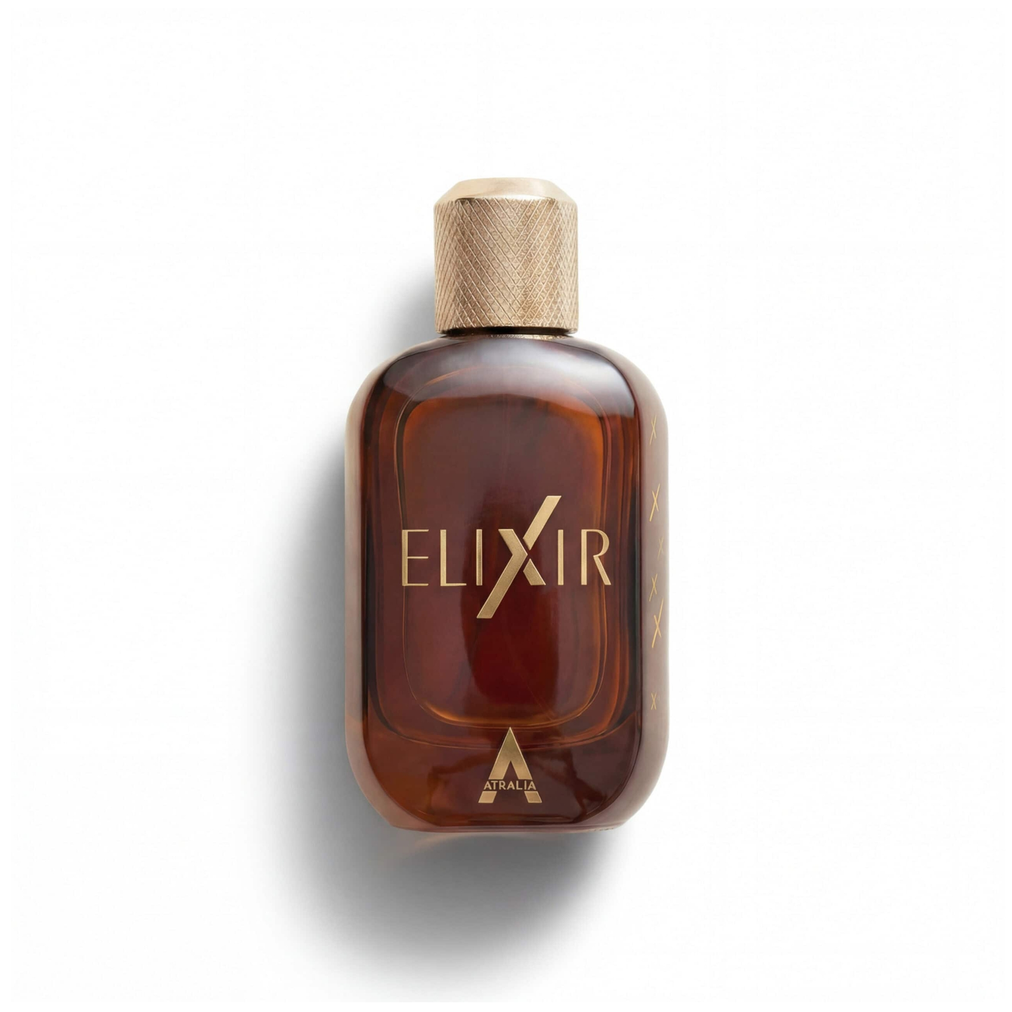 Bottle of Atralia Elixir EDP fragrance on a white background with soft shadow
