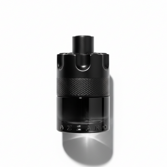 Bottle of Azzaro The Most Wanted EDP Intense EDP fragrance on a white background with soft shadow