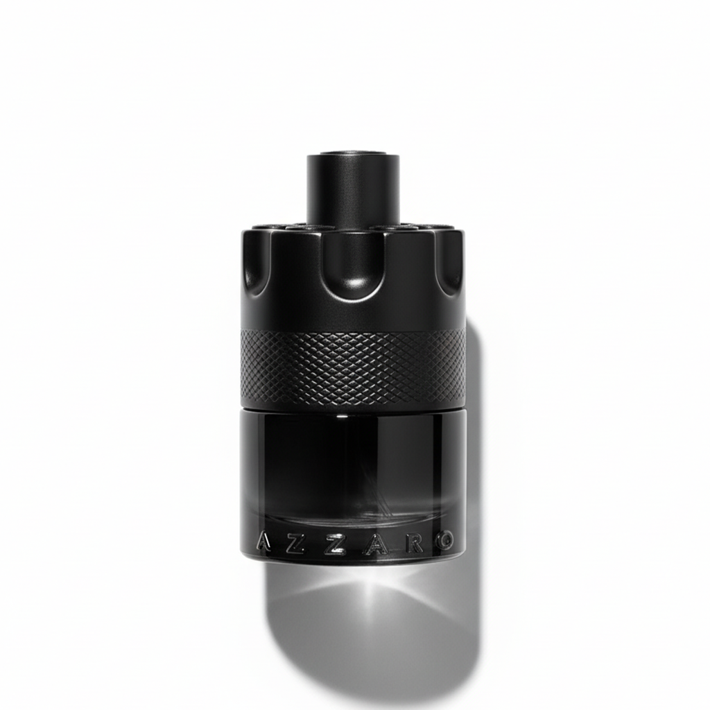 Bottle of Azzaro The Most Wanted EDP Intense fragrance on a white background with soft shadow