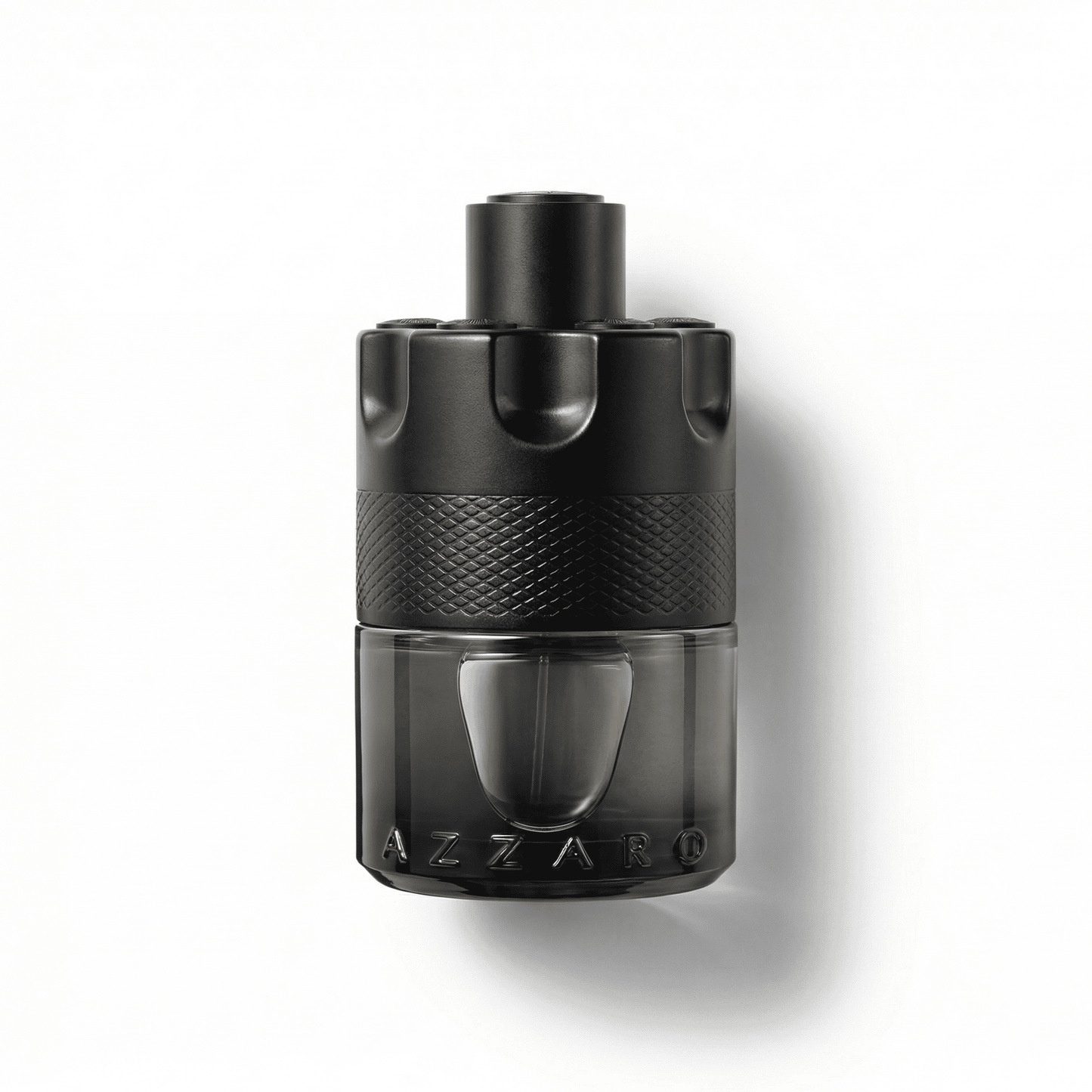 Bottle of Azzaro The Most Wanted EDT Intense fragrance on a white background with soft shadow